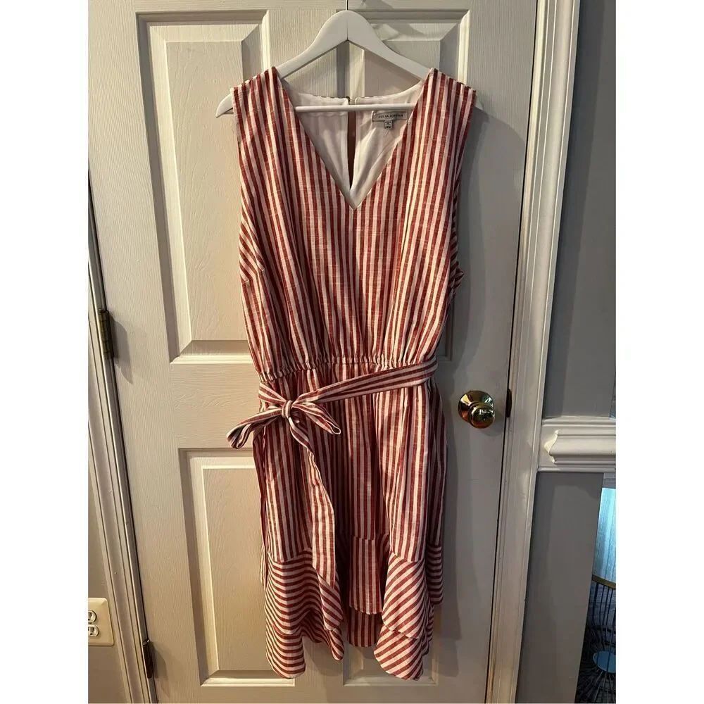 Julia Jordan Red & White Striped Sleeveless Tie Belted Tiered Dress sz 24W NWOT